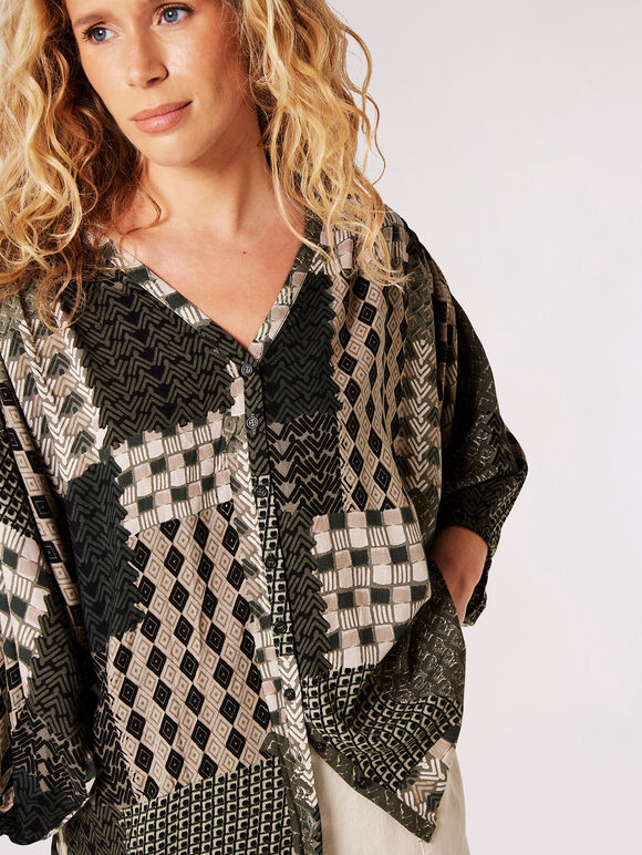 Patchwork Print Oversized Blouse, Khaki, large