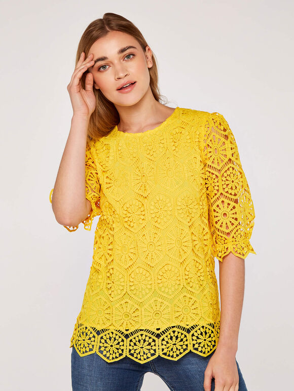 Geometric Lace Top, Yellow, large