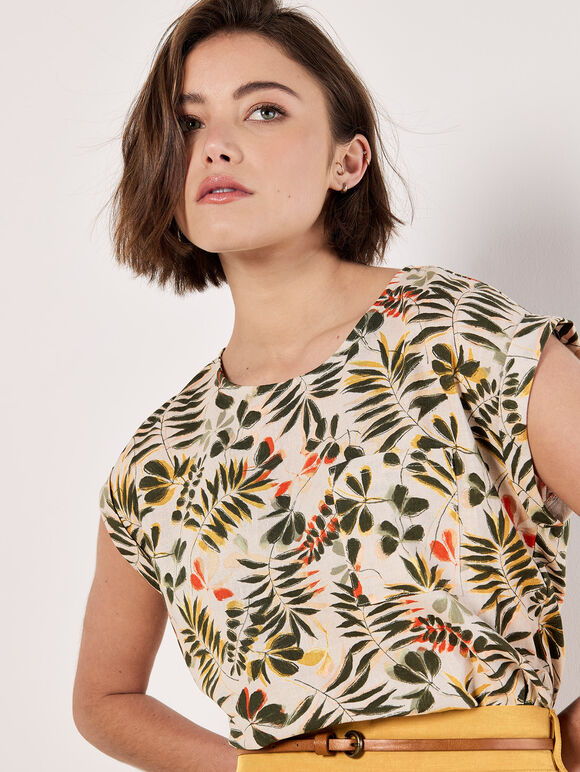 Tropical Leaf Split Back Top, Stone, large