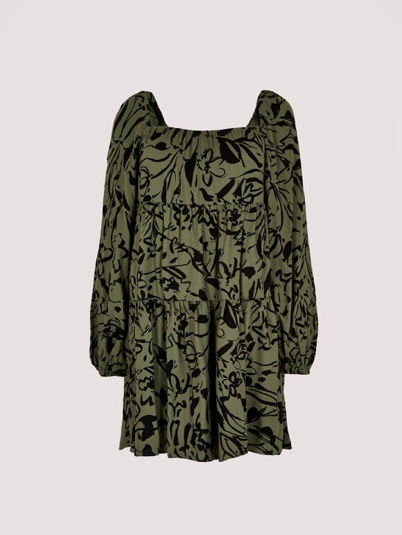 Brushstroke Smock Mini Dress, Khaki, large