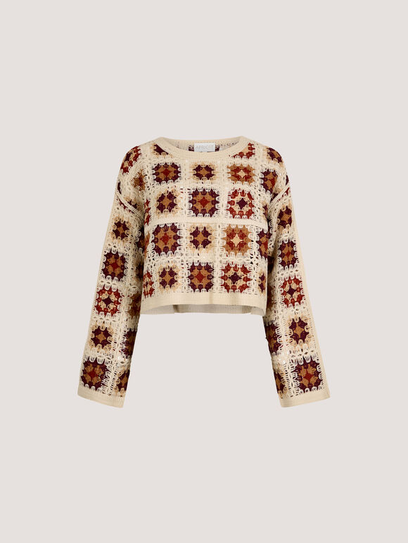 Crochet Squares Cropped Jumper, Burgundy, large
