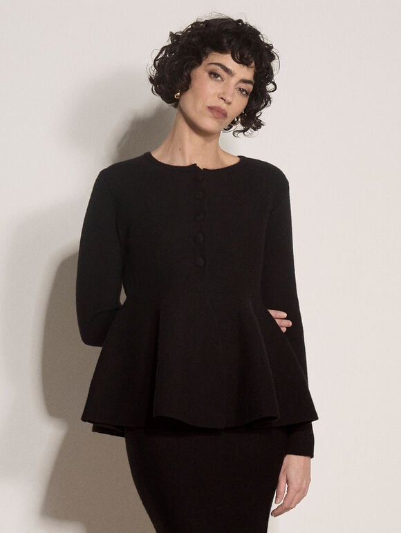 Peplum Hem Rbbed Knit Cardigan, Black, large