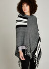 Black Monochrome Striped Hooded Poncho, Black, large