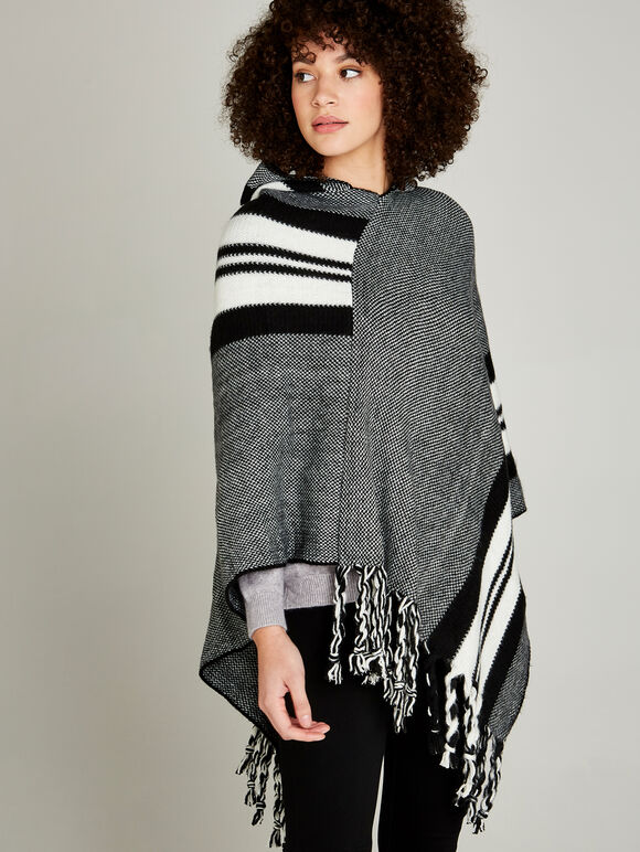 Black Monochrome Striped Hooded Poncho, Black, large