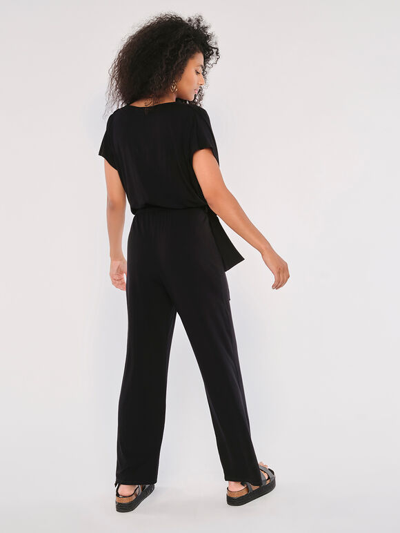 Cowl Neck Belted Jersey Jumpsuit, Black, large