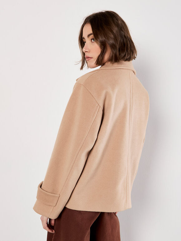 Tailored Short Peacoat Jacket, Brown, large