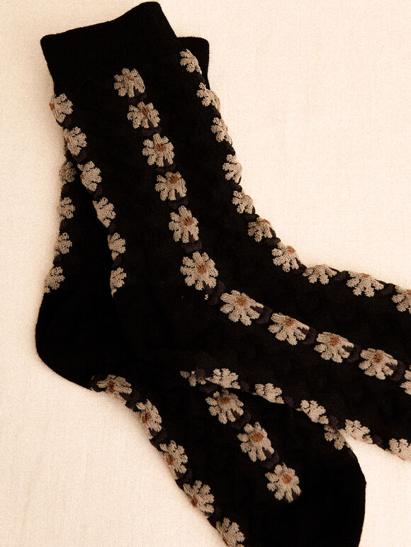 Floral Daisy Socks, Black, large