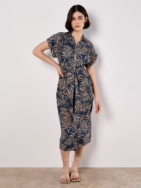 Palm Leaf Shirt Midi Dress, Navy, large