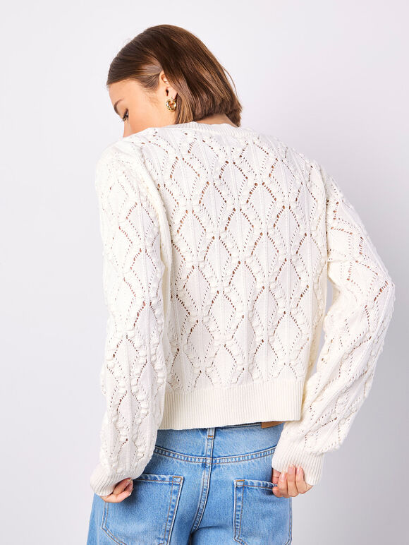 Pointelle Knitted Cardigan, White, large