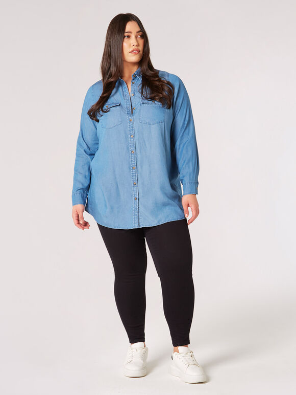 Curve Denim Tencel Shirt, Blue, large