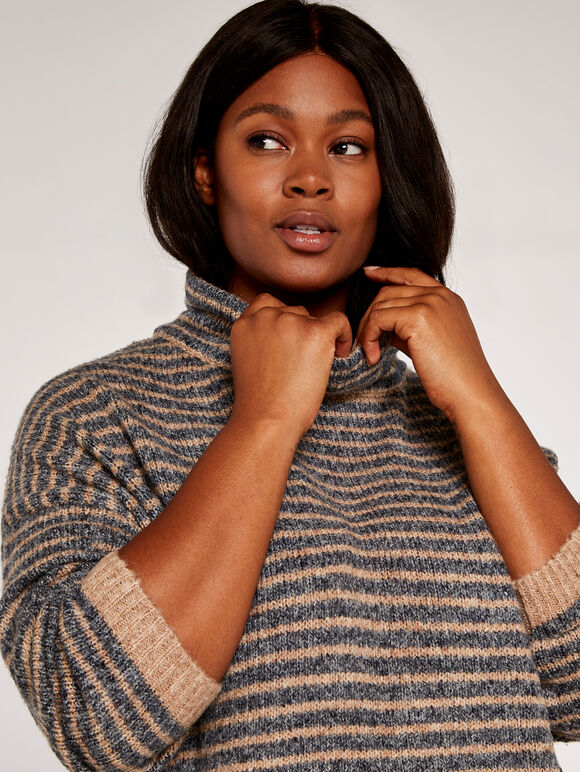 Curve High Neck Stripe Boucle Jumper, Grey, large