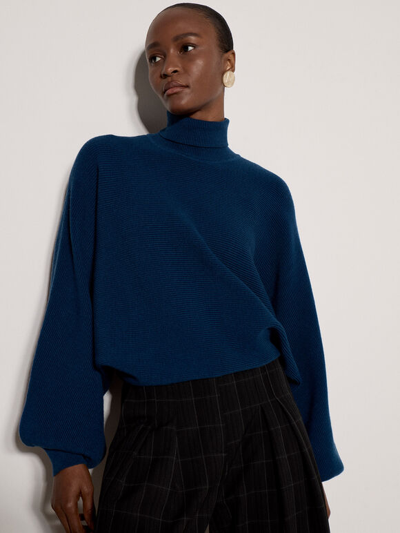 Ribbed Knit Batwing Cape Jumper, Cobalt/Royal Blue, large