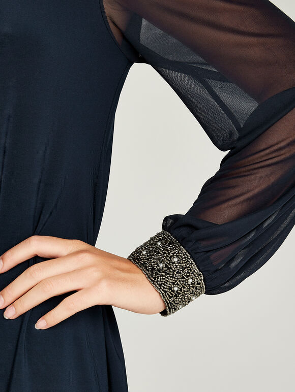 Sheer Sleeve Bead Cuff Shift Dress, Navy, large