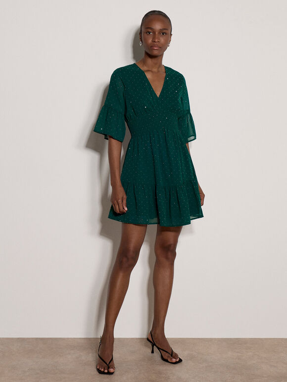 Diamante Chiffon Mini Dress, Pine Green, large