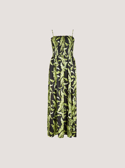 Tropical Leaf Satin Maxi Dress