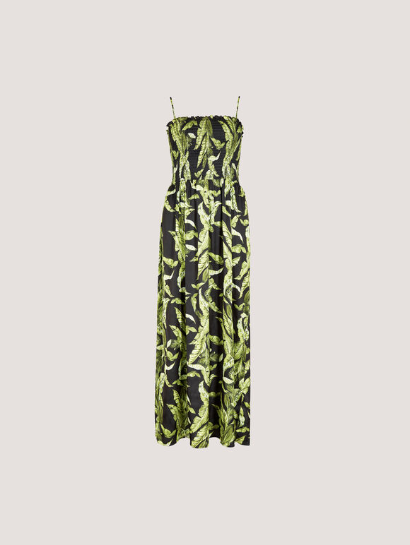 Tropical Leaf Satin Maxi Dress, Black, large