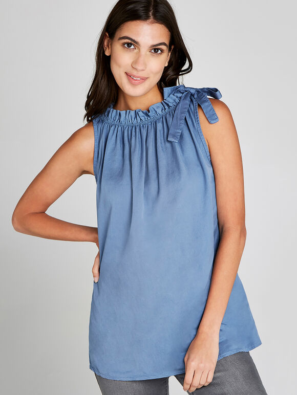 Frill Neck Tencel Top, Blue, large