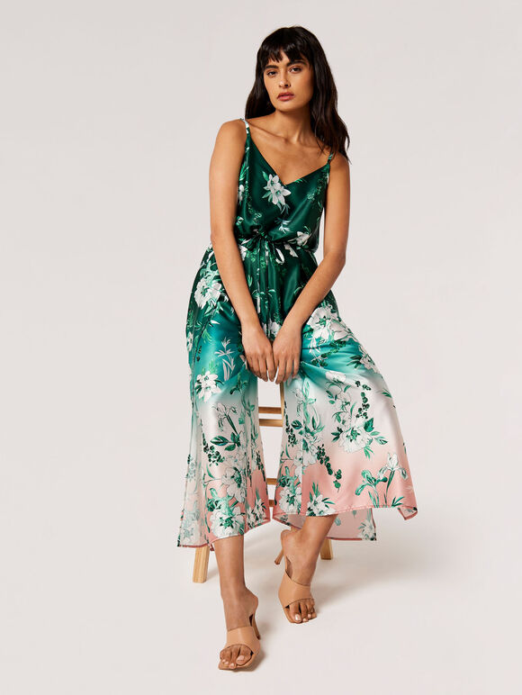 Floral Ombre Satin Split Leg Jumpsuit, Green, large