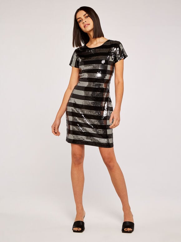 Sequin Stripe Mini Dress, Light Grey / Silver, large