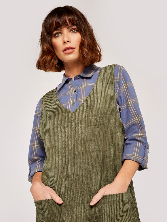 Corduroy 2 Pocket Pinafore Dress, Khaki, large