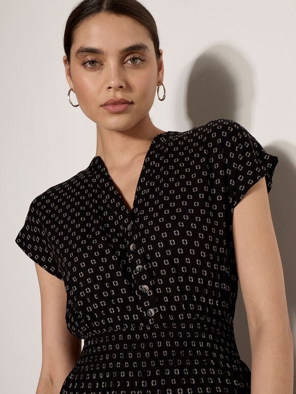 Geo Print Ruffle Mini Dress, Black, large