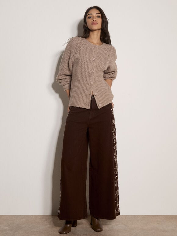 Cotton-Blend Chunky Ribbed Knit Cardigan, Mocha, large