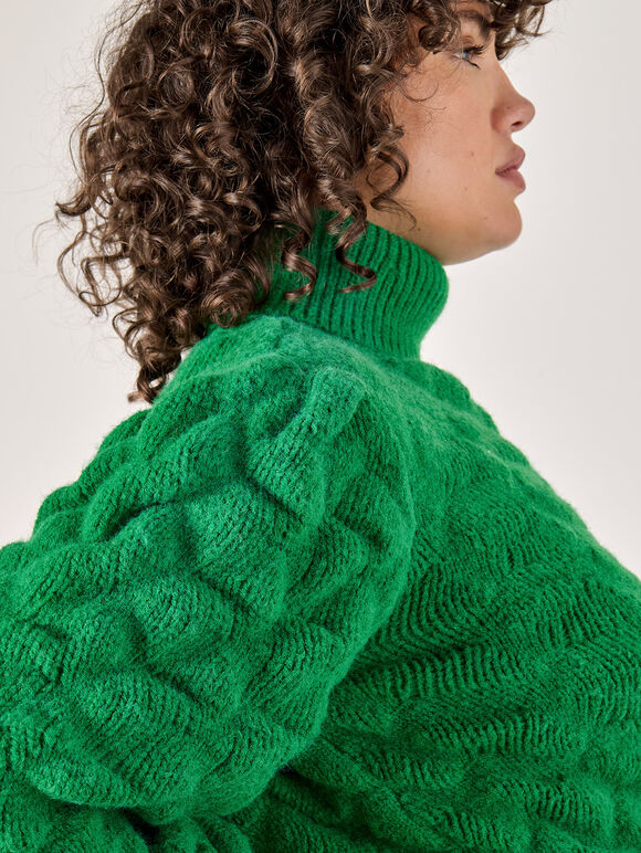 Curve Bubble Knit Roll Neck Jumper, Green, large