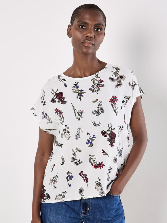 Botanical Floral Print Woven T-Shirt, White, large