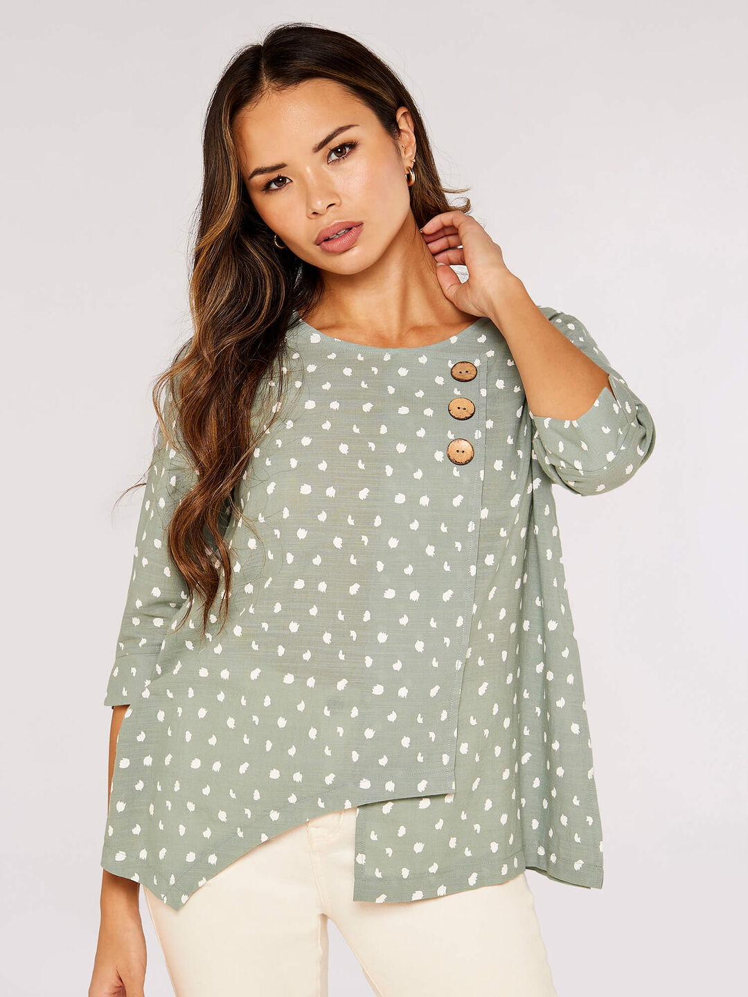 Irregular Spot Asymmetric Wrap Top