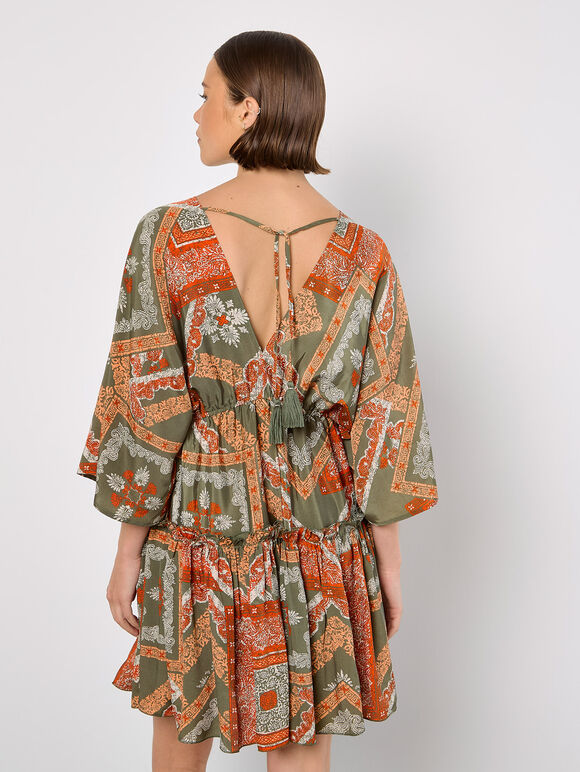 Satin Scarf Print Kaftan Mini Dress, Khaki, large