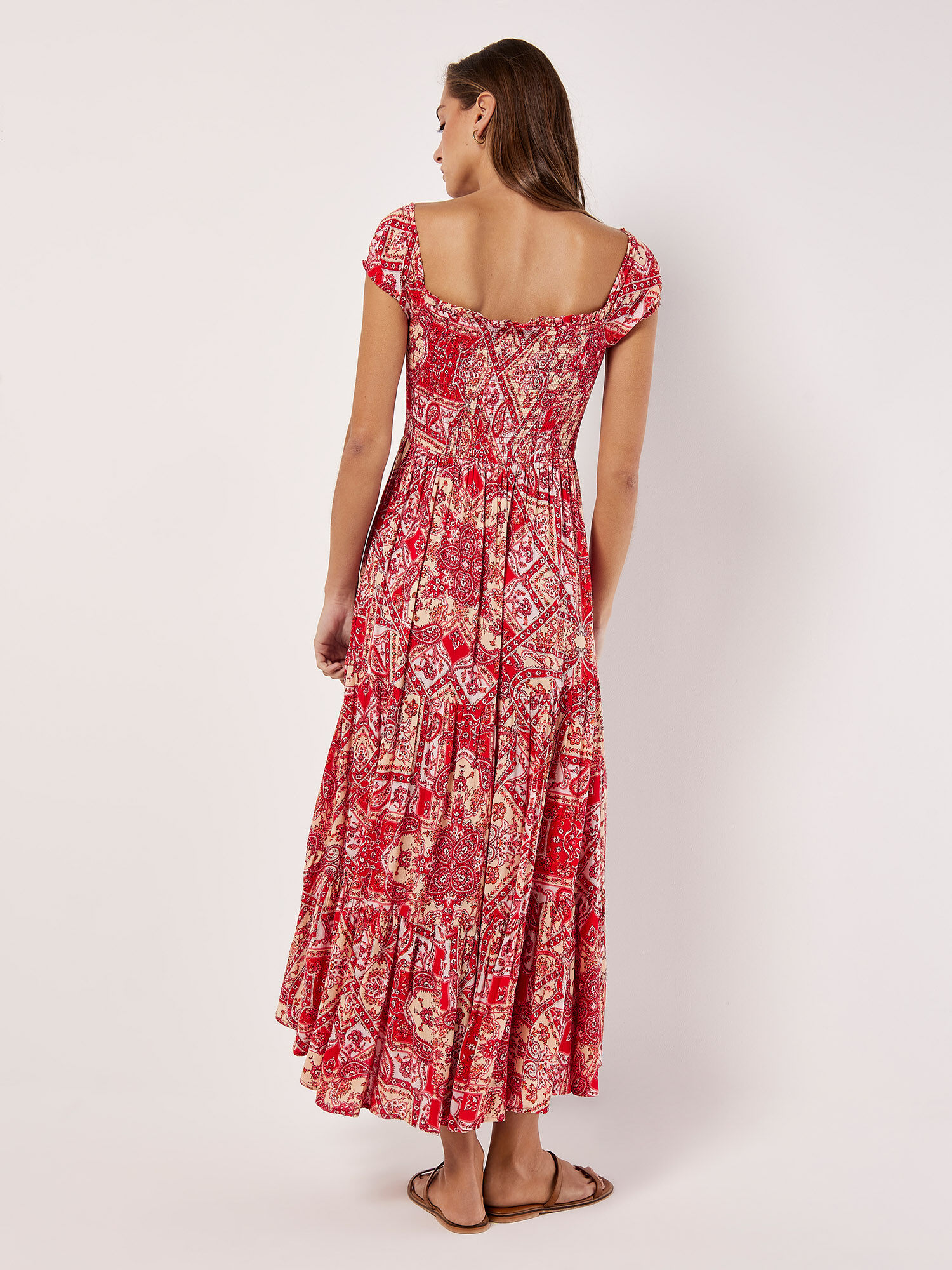 Scarf Print Milkmaid Maxi Dress Apricot Clothing