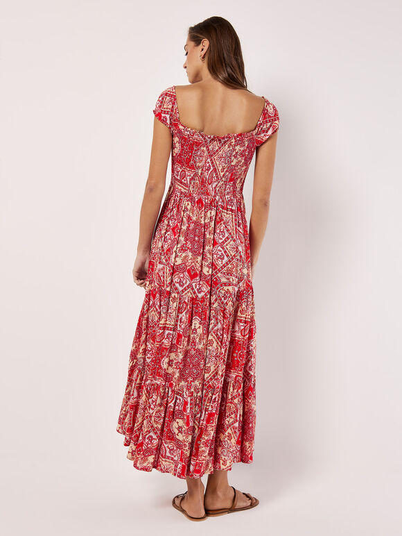 Scarf Print Milkmaid Maxi Dress, Red, large