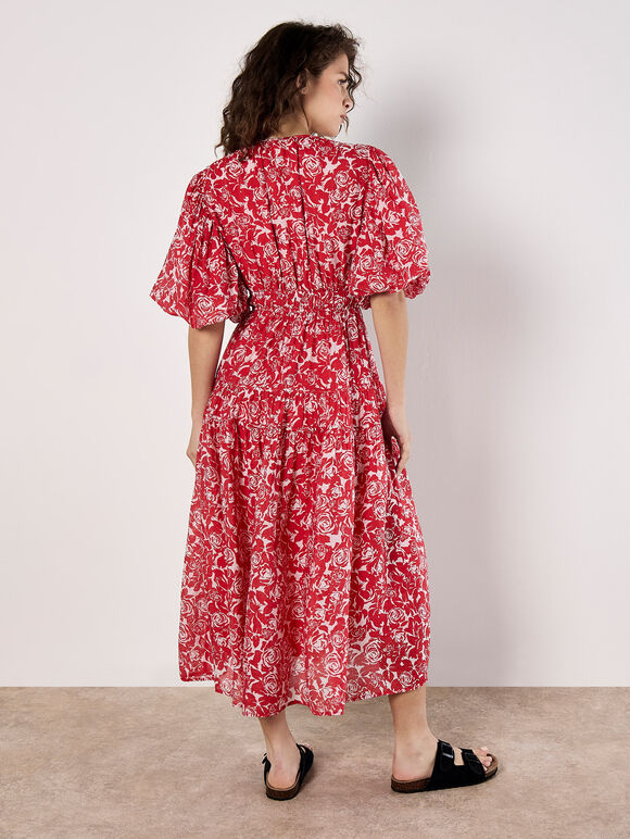 Rose Print Tiered Midi Dress, Red, large