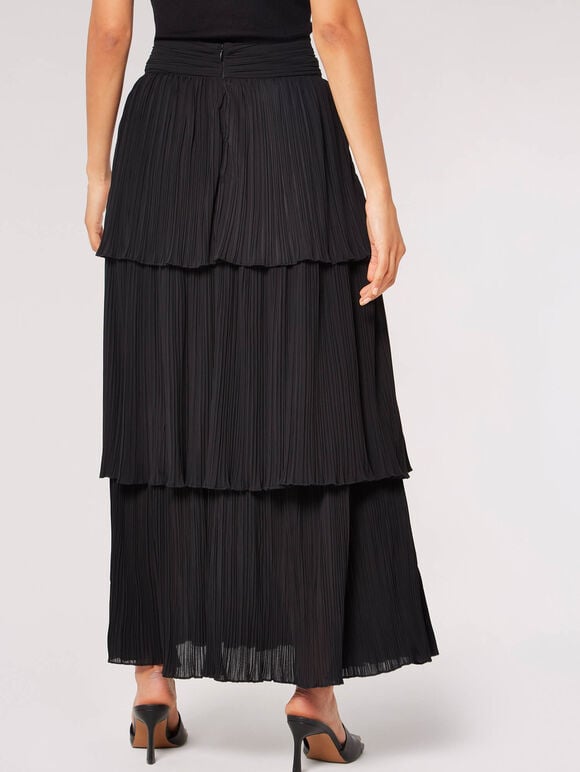 Plisse Cotton Tiered Maxi Skirt, Black, large