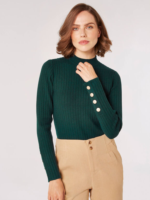 Gold Button Ribbed Jumper, Green, large