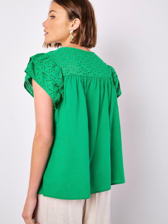 Broderie Yoke Cotton Top, Green, large