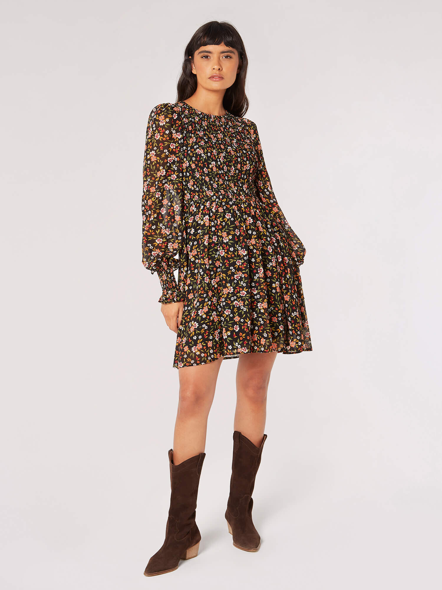 Ditsy Floral Smocked Mini Dress Apricot Clothing