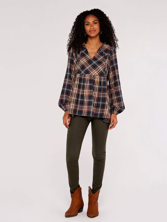 Check Peplum Hem Blouse, Rust, large