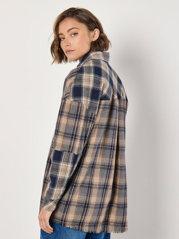 Mixed Check Oversized Shirt, Navy, large