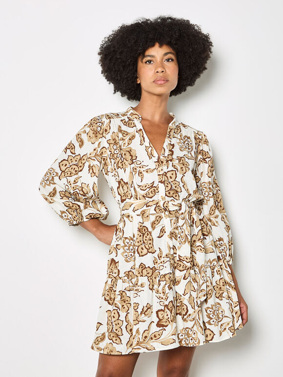 Painterly Sarasa Floral Mini Dress, Cream, large