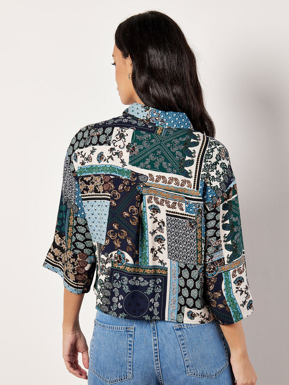 Patchwork Paisley Boxy Shirt, Navy, large