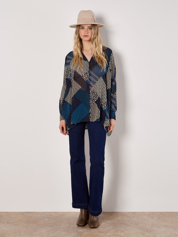 Geo Patchwork Chiffon Shirt, Teal, large