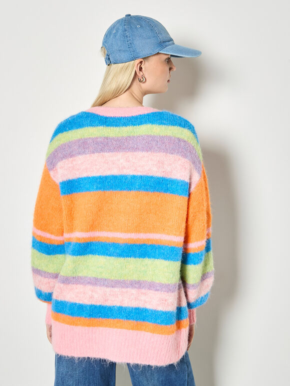 Colourful Stripe Fluffy Knit Cardigan, Pink, large