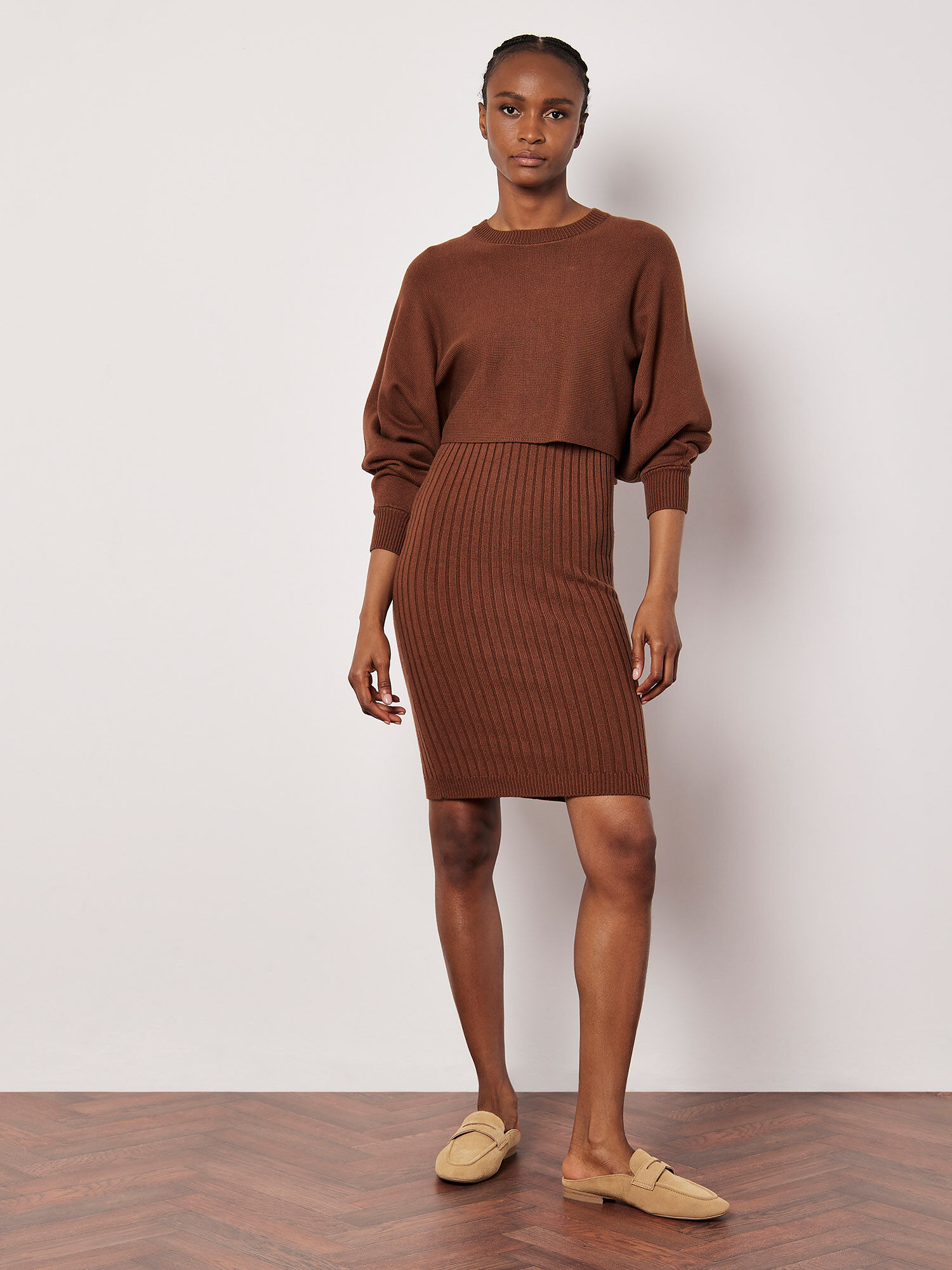 Ribbed Knit Bodycon Midi Dress Apricot Clothing
