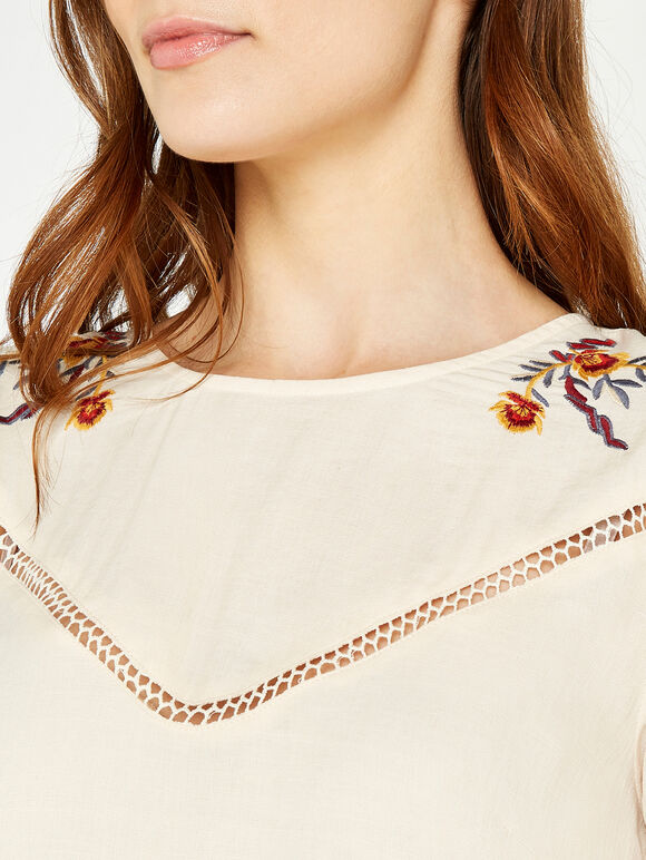 Embroidered Babydoll Hem Dress, Cream, large