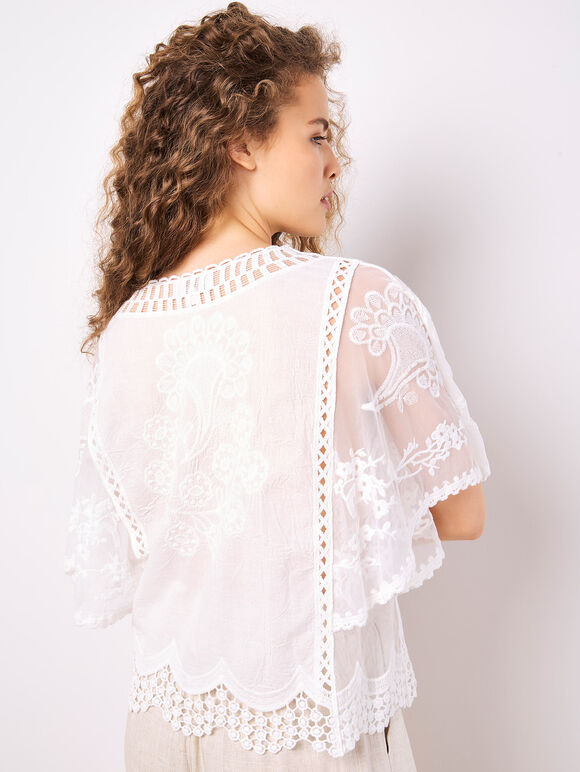 Embroidered Cotton Mesh Top, White, large