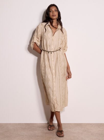 Geometric Shimmer Embroidered Shirt Midi Dress