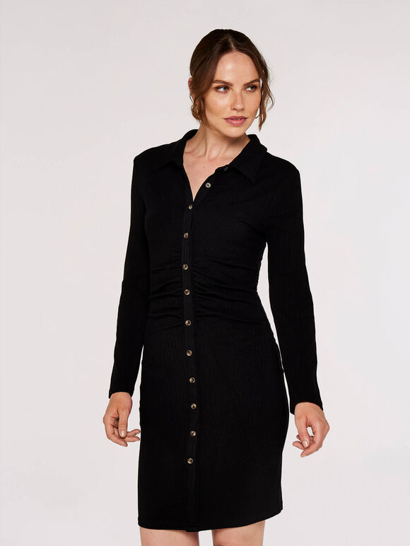 Ruched Mini Shirt Dress, Black, large