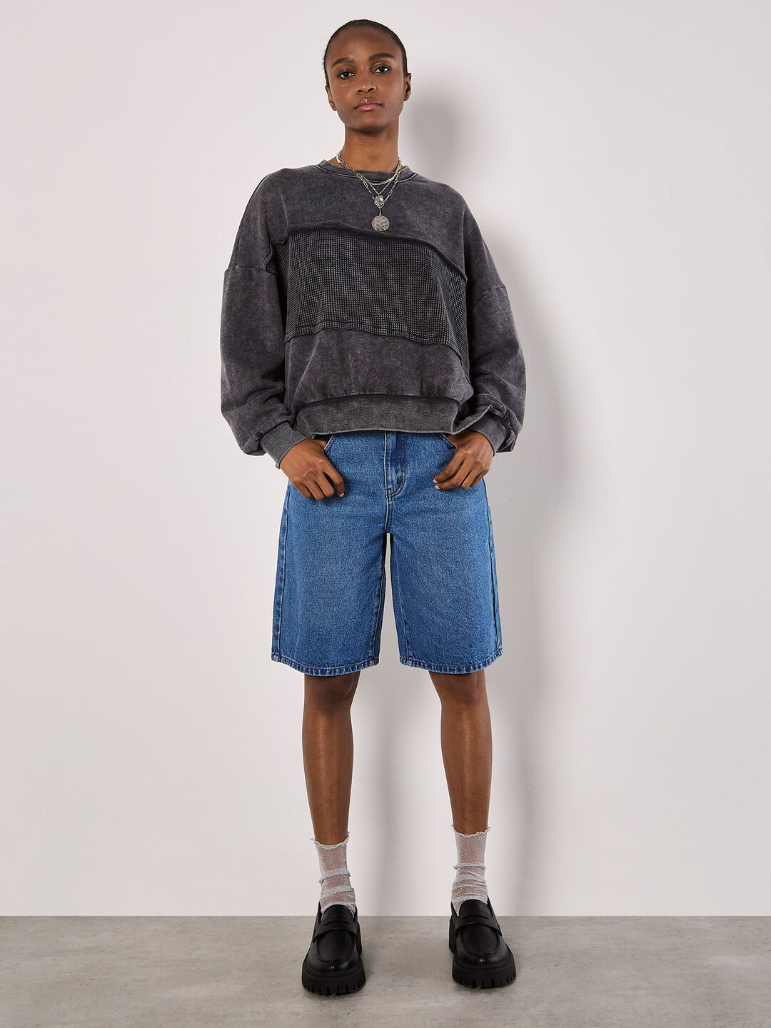 Image of Waffle Panel Washed Cotton Sweatshirt
