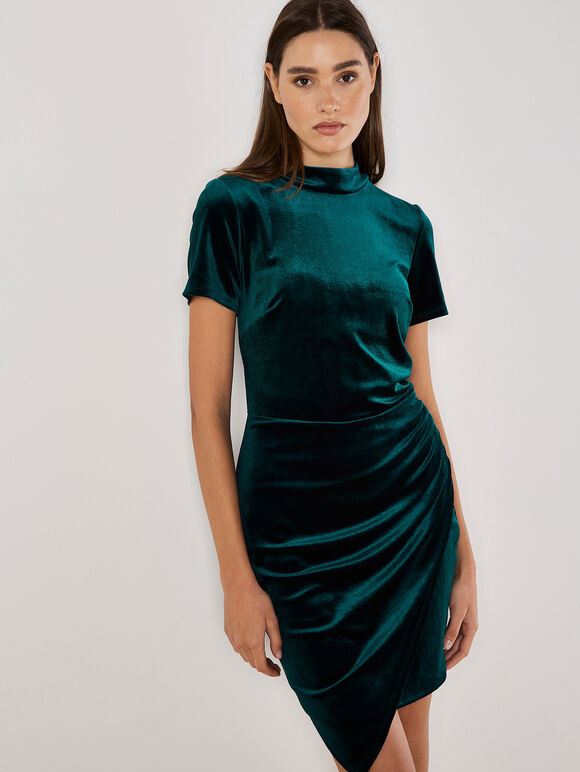 Velvet Ruched Mini Dress, Green, large